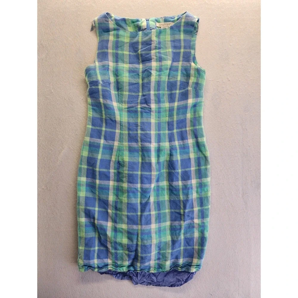 Paraphrase Women Blue Green Plaid Linen Blend Sleeveless Sheath Dress‎ Size 4